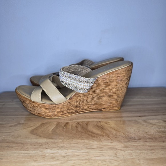 Italian‎ Shoemakers Wedge Sandals High Heels Beaded Rhinestone Crystals Womens 9 - Picture 6 of 9